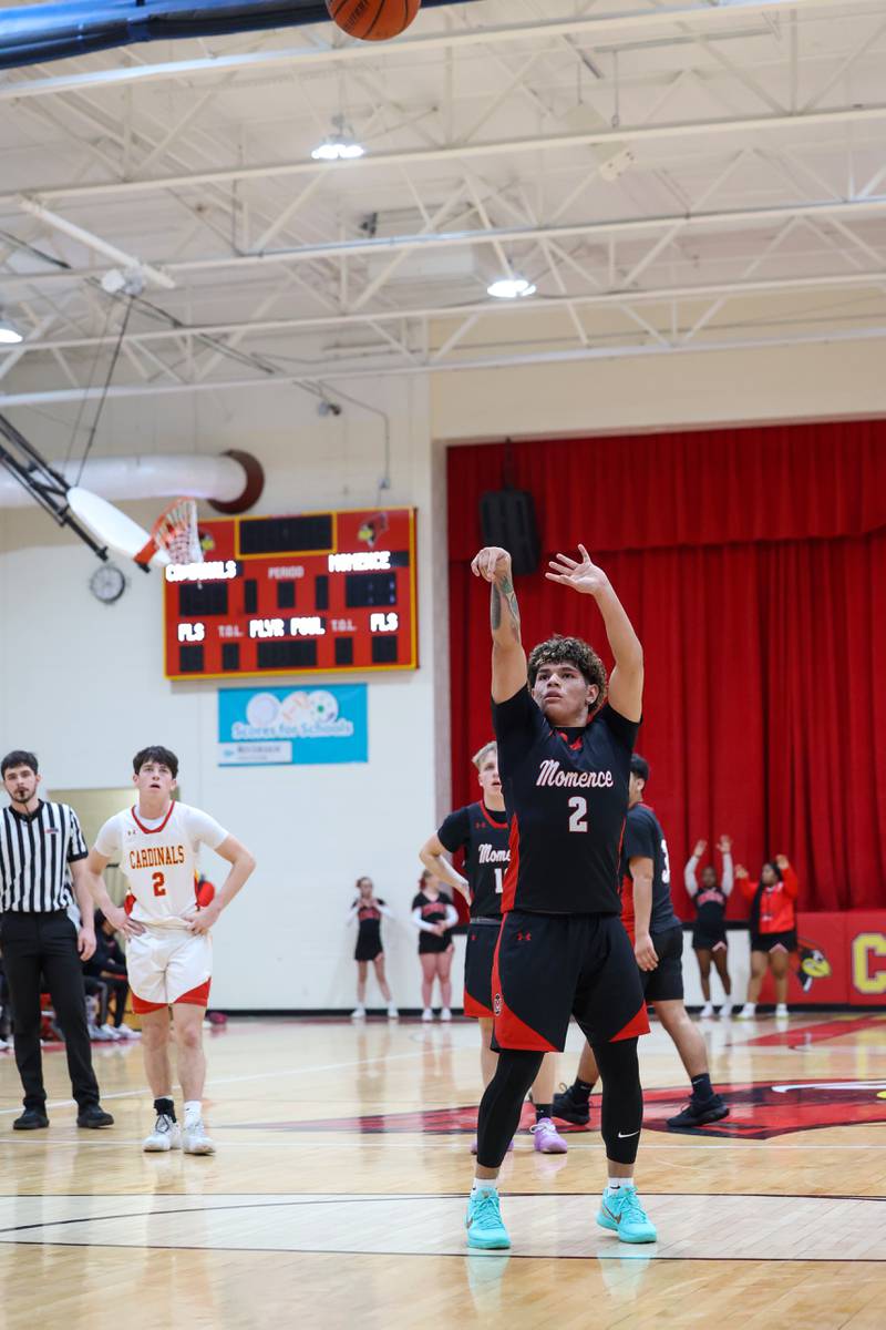 Momence's Erick Castillo hits a free throw during St. Anne's 64-43 victory in the River Valley Conference semifinals on Tuesday, Feb. 10, 2026.