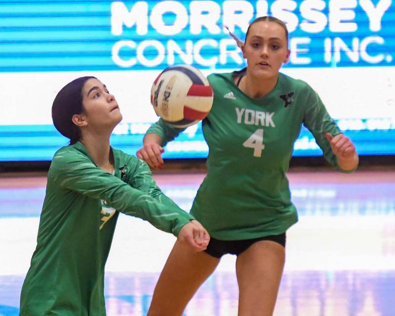 York's katie Day, left, bumps the ball during the game while taking on Downers Grove North on Tuesday Oct. 22, 2024, held at York High School in Elmhurst.