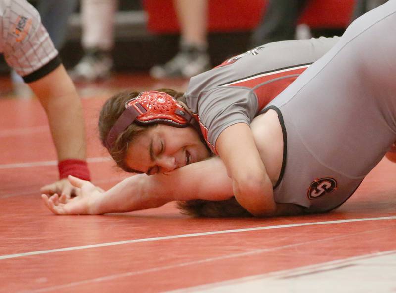 Ottawa's Anthony Evans pins Sandwich's Kaden Clevenger on Thursday, Jan. 12, 2023 in Kingman Gymnasium at Ottawa High School.