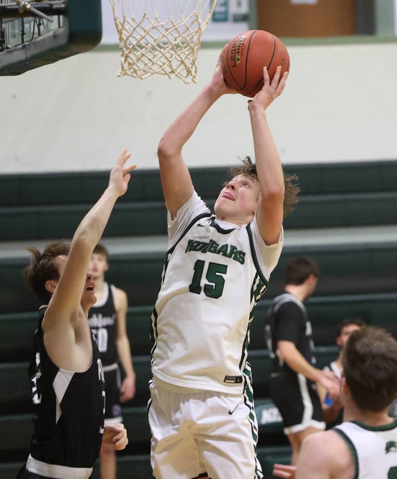 Kishwaukee College's Cam Davitz goes to the basket against Rockford University's Kelso Tennant Thursday, Jan. 22, 2026, during their game at Kishwaukee College in Malta.