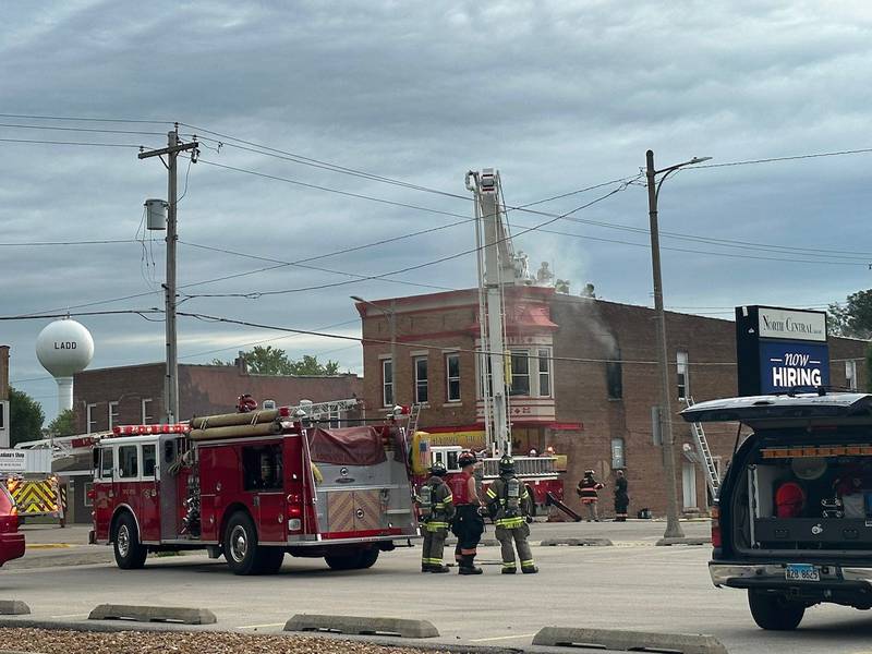 Firefighters battle a fire at Charro Tacos at 201 South Main St. in Ladd on Monday, Aug. 14.