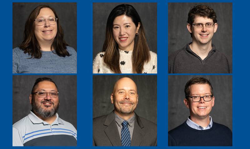 ECC has announced six winners of the NISOD Excellence Award, (Top L to R): academic advisor Sarah Buzzelli, grant manager Wendy Chen, mathematics instructor Chris Cunningham, (Bottom L to R): art and design director Juan Fernandez, assistant dean of college in high school programs Sean Jensen and associate English professor Joshua Thusat.
