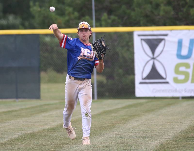 Brandon Henderson warms up during the ICA Senior Baseball All Star Game on Monday, June 30, 2025 at Schweickert Stadium in Peru.