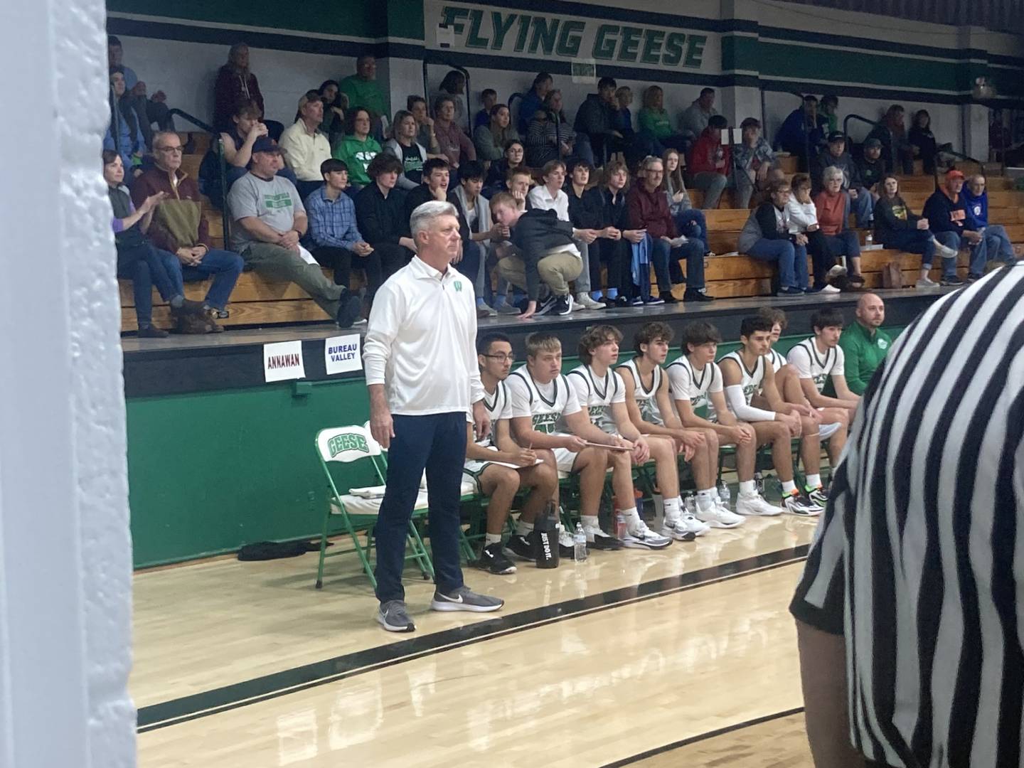 Wethersfield coach Tom McGunnigal, formerly of St. Bede, watches his Geese in action Wednesday. The Geese beat Stark County 60-49 to improve to 2-1.