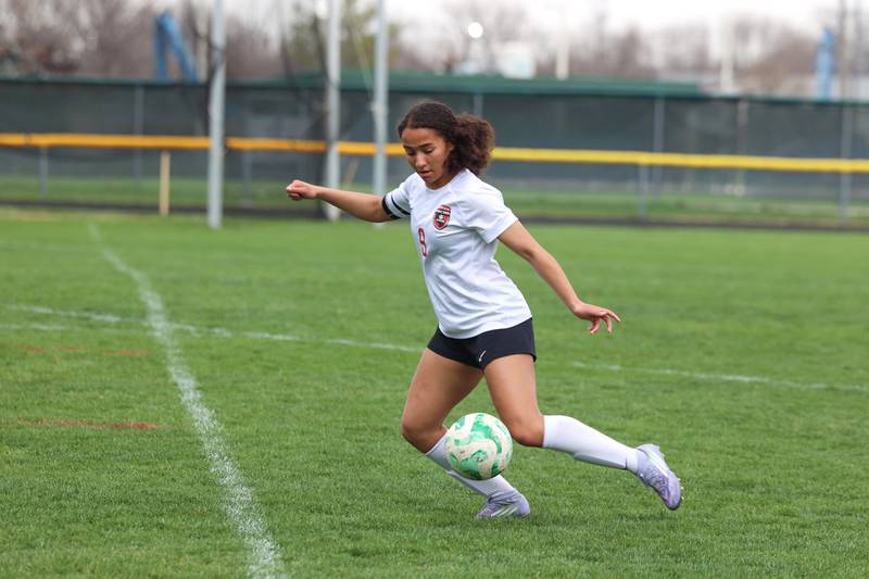 Bradley-Bourbonnais' Nia Lawrence advances with the ball during the Boilermakers' 9-1 win over Bishop McNamara in All-City play on Tuesday, March 31, 2026.
