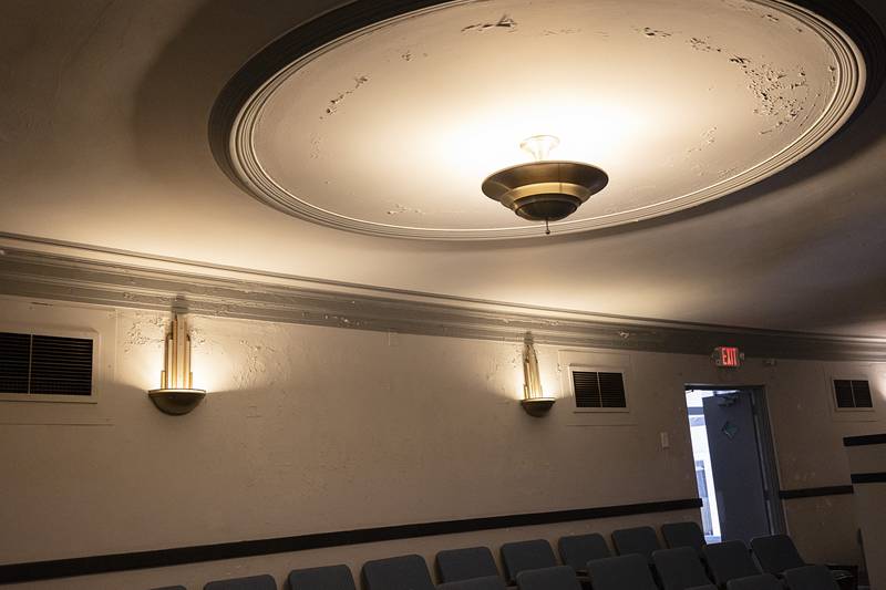 The leaky roof has caused plaster to chip and peel in the theater. Roof repair is the most important job needing to be done.