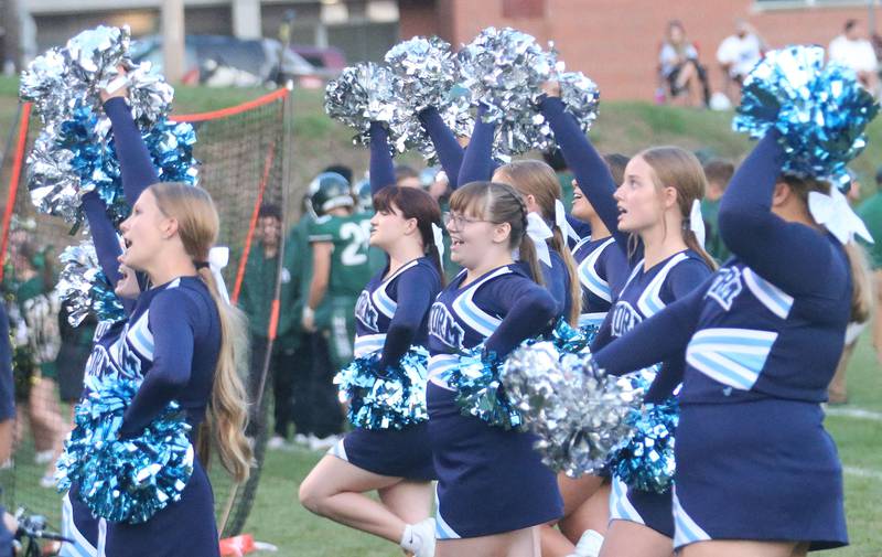 Bureau Valley cheerleaders cheer on the Storm as they play St. Bede on Friday Aug. 29, 2025 at St. Bede Academy.