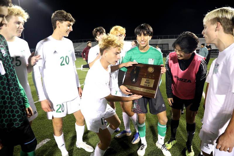 York players celebrate their 3A Boys Soccer Supersectional win over Elgin at Streamwood High School on Tuesday, Nov. 1, 2022.