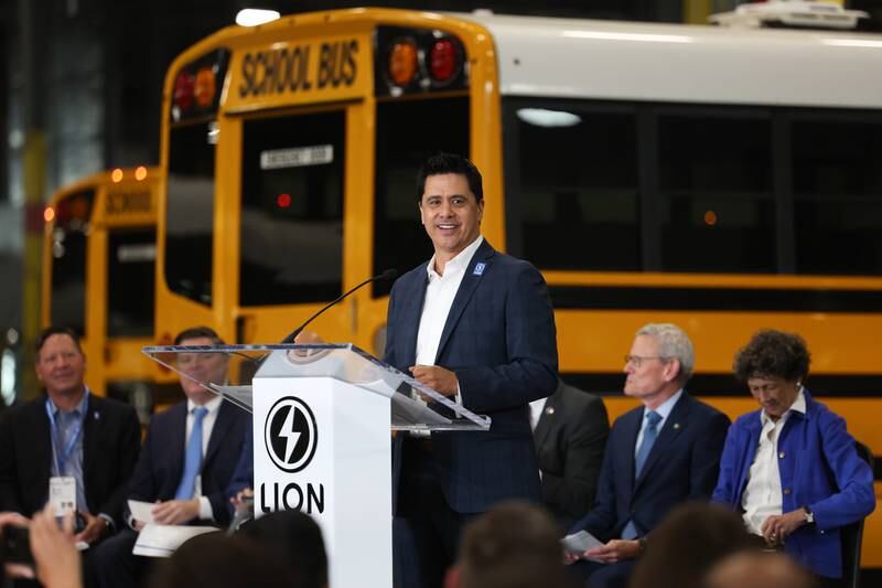 Nate Baguio, Senior Vice President of Commercial Development for Lion Electric, speaks at the grand opening of the Lion Electric manufacturing facility on Friday, July 21st, 2023 in Joliet.