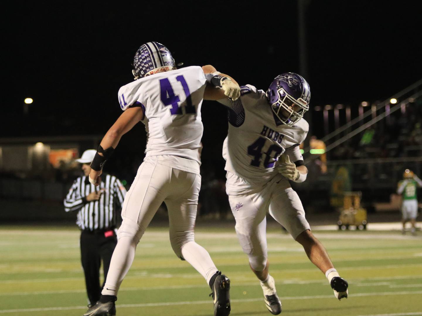 Rochelle's Roman Villalobos (40) and Tyler Gensler (41) celebrate Gensler's touchdown during Friday's Class 4A first-round playoff game at Geneseo.