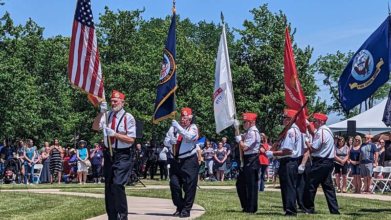 The John Whiteside Ceremonial Color Guard advanced and retired the colors during the 24th Annual Memorial Day Ceremony on Monday, May 29, 2023, at Abraham Lincoln National Ceremony in Elwood.