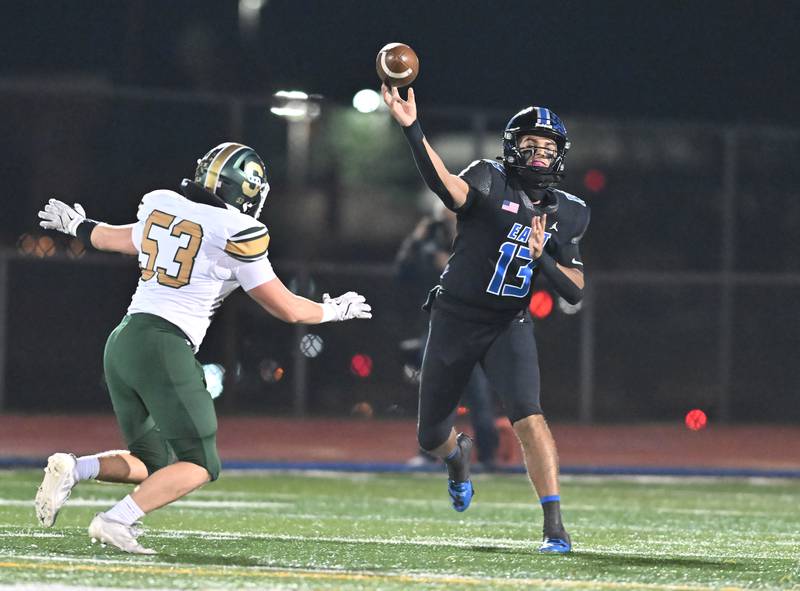 Lincoln-Way East's quarterback Jonas Williams (13) throws a pass during the IHSA Class 8A Quarterfinals game against Stevenson on Friday, Nov. 15, 2024, at Frankfort. (Dean Reid for Shaw Local News)