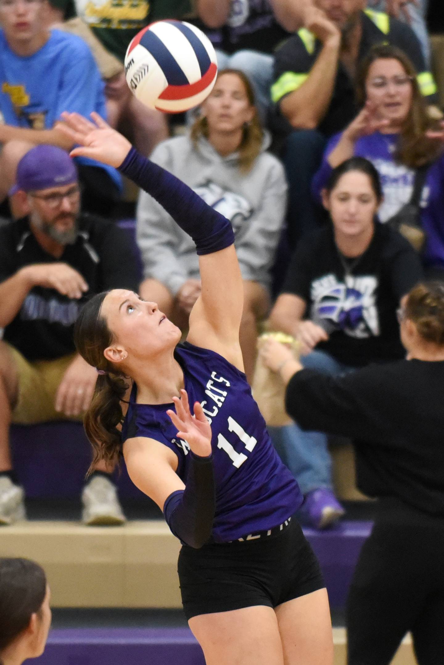 Wilmington's Molly Southall hits the ball over the net during a home game against Coal City Thursday, Sept. 25, 2025.