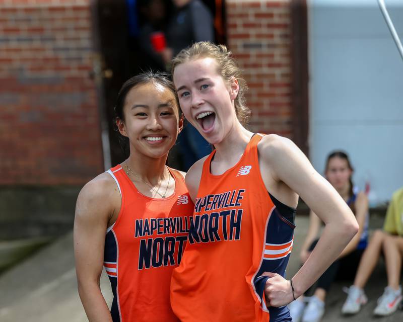 Naperville North's Christina Gu and Audrey Kushner finish first and second at the Glenbard West's Sue Pariseau Girls Track and Field Invitational.  April 23.2022.
