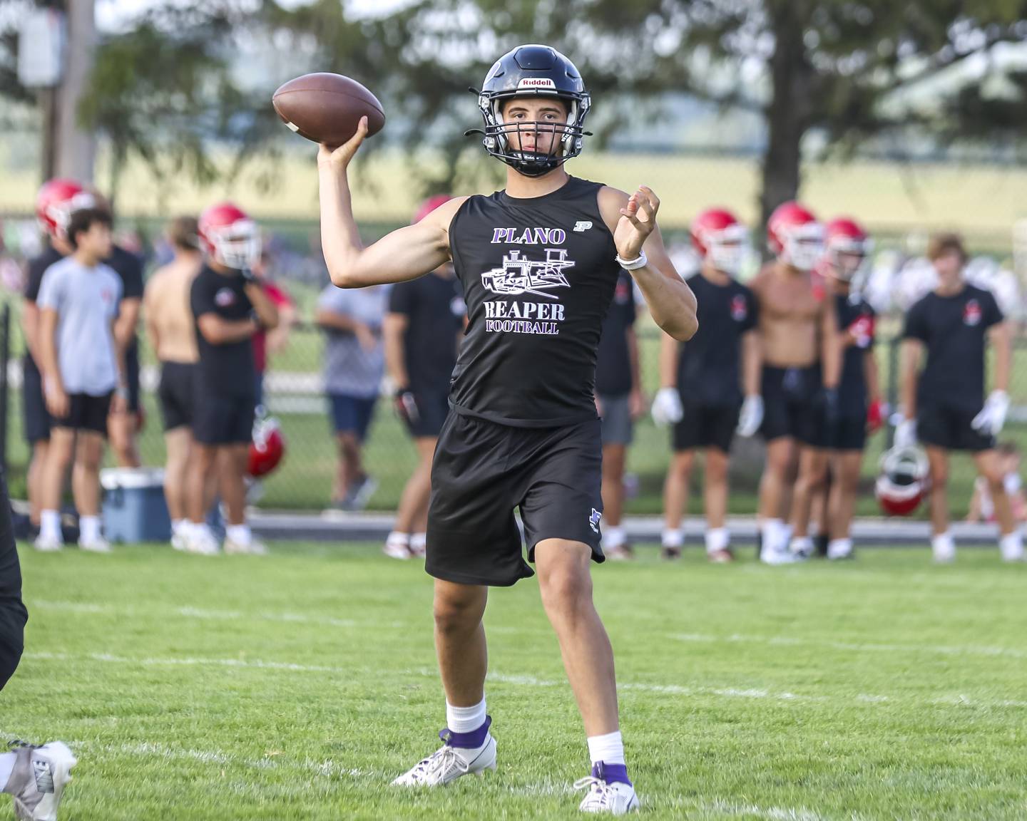 Plano's Dylan Saunders passes during the Kaneland 7 on 7 football tournament, July 22, 2025 in Maple Park.
