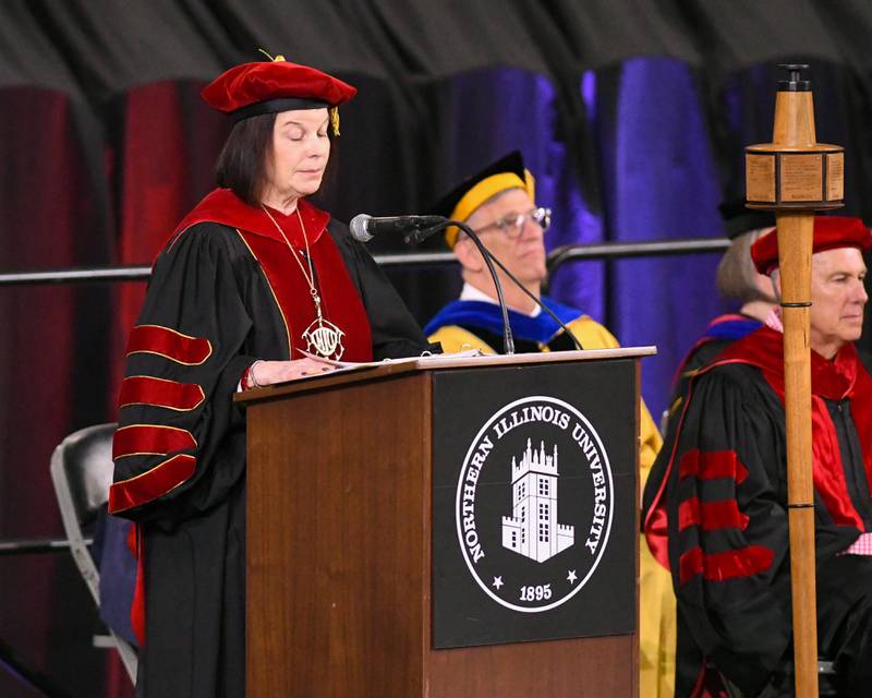 Northern Illinois University’s president Lisa Freeman speaks during the commencement ceremony on Saturday May 9, 2026, held at the Convocation Center in DeKalb.