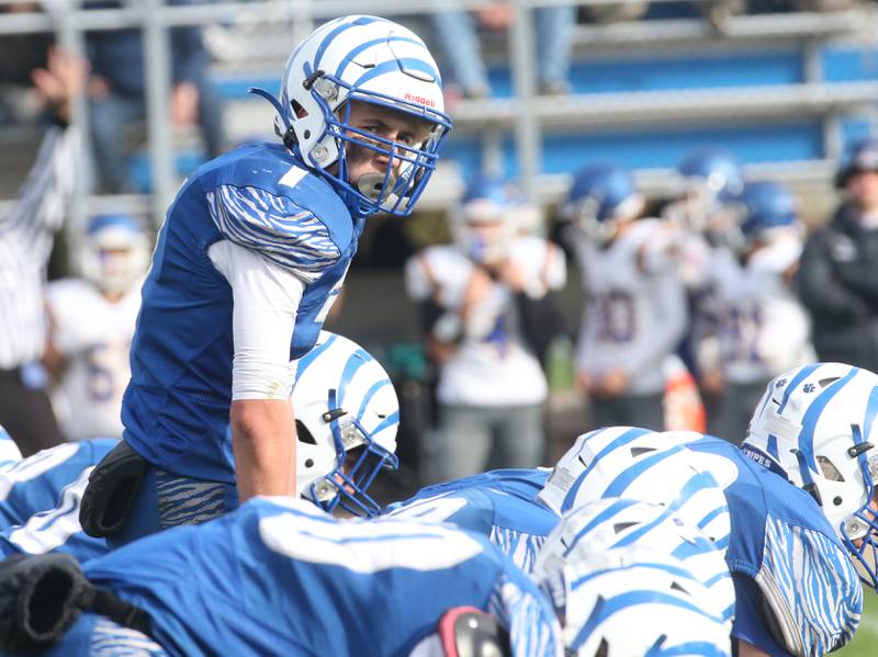 Princeton quarterback Charles Cambridge looks to the sidelines between plays against Paxton-Buckley-Loda in the Class 3A playoff game on Saturday, Oct. 28, 2023 at Bryant Field.