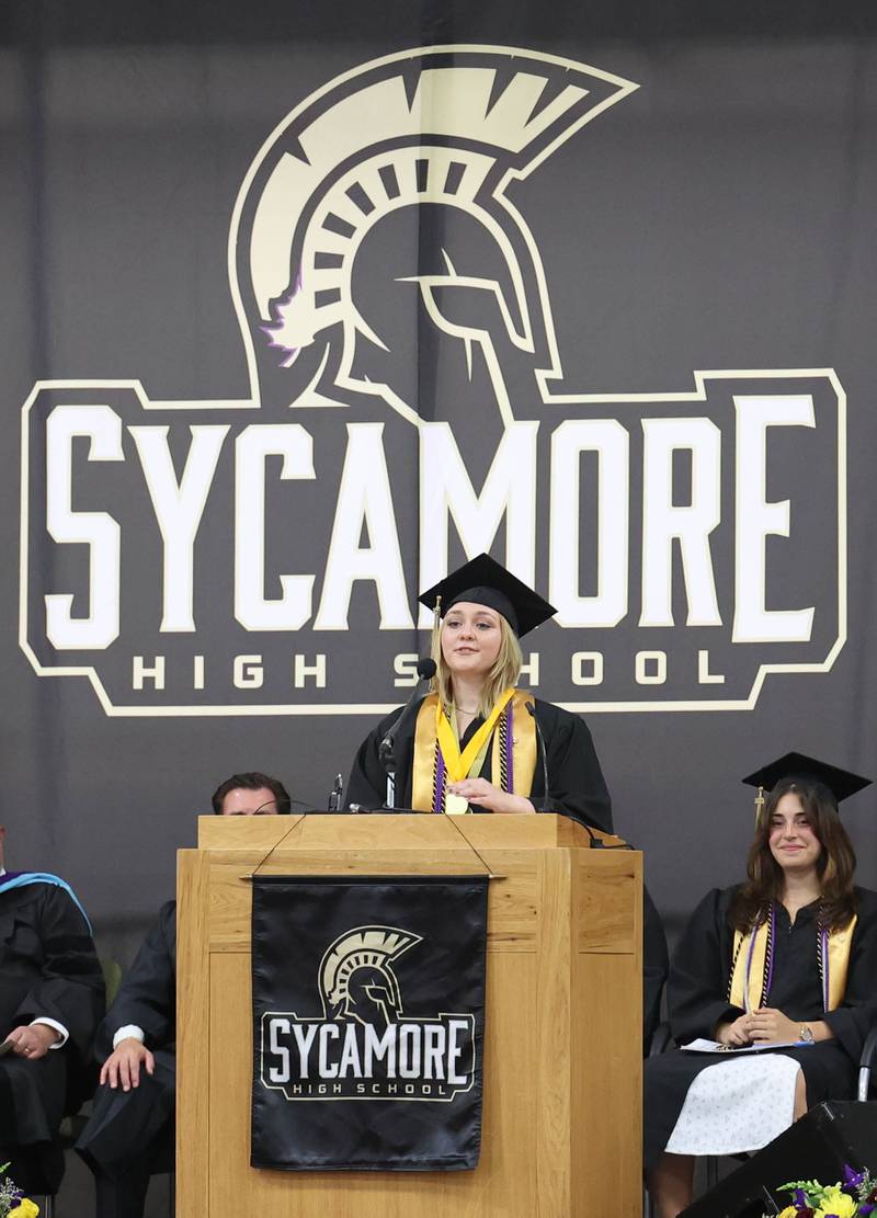 Valedictorian Amanda Jamrog addresses her fellow classmates during commencement ceremonies Sunday, May 28, 2023, at Sycamore High School.