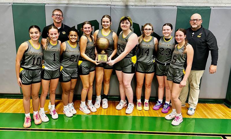 The Putnam County eighth-grade girls basketball team repeated as Tri-County Conference tournament champions defeating Midland (45-11), El Paso-Gridley (26-19) and Roanoke-Benson (28-10). Team membes are (from left) Dayzlyn Cioni, Anni Judd, Anahi Avila, Avery Lenkaitis
Kinsey Pierski, Makenna Goulding, Jaylynn Dickey, Murphy Hopkins and Lillian Bouxsein.