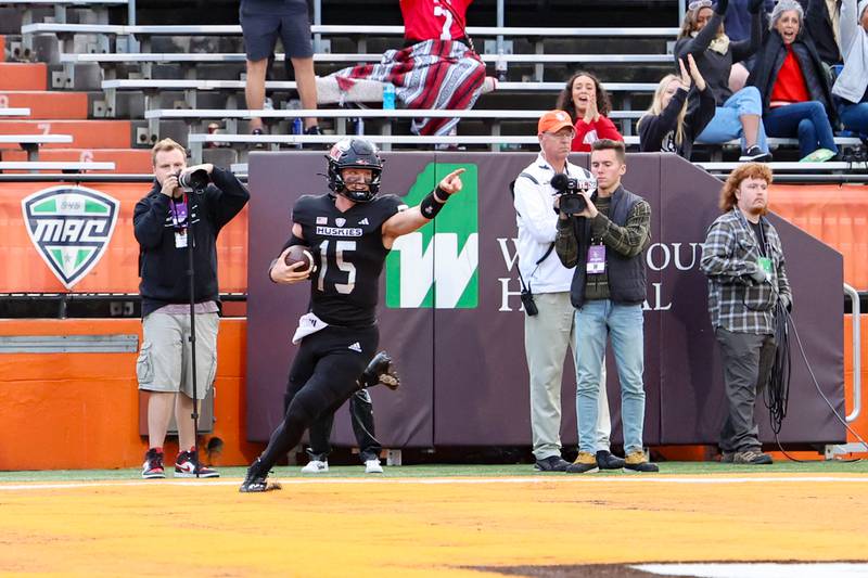 Josh Holst celebrates his touchdown run in NIU's 17-7 victory at Bowling Green on Saturday, Oct. 12, 2024.