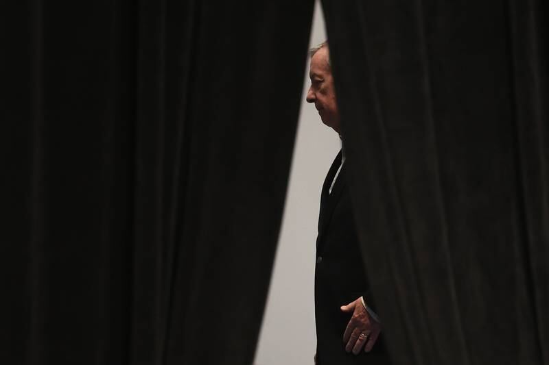 Senator Dick Durbin waits backstage before his speech during President Joe Biden’s stop in Joliet at Jones Elementary School on Saturday.
