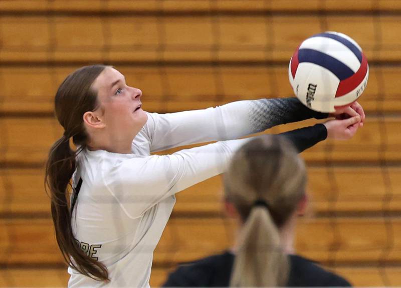 Sycamore's Sydney Fabrizius receives a Dixon serve Thursday, Oct. 30, 2025, during their Class 3A regional championship match in Rochelle.