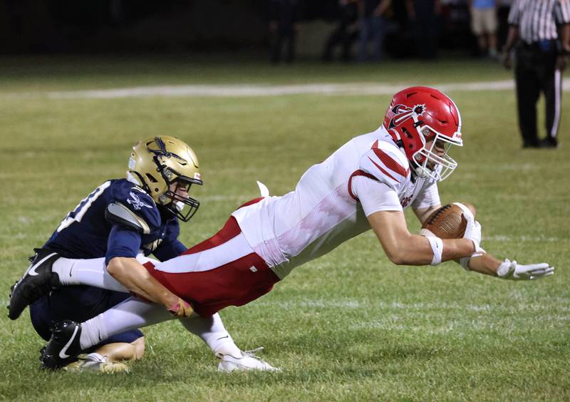 Hiawatha's Tim Pruitt brings down a South Beloit ball carrier during their game Friday, Sept. 20, 2024, at Hiawatha High School in Kirkland.