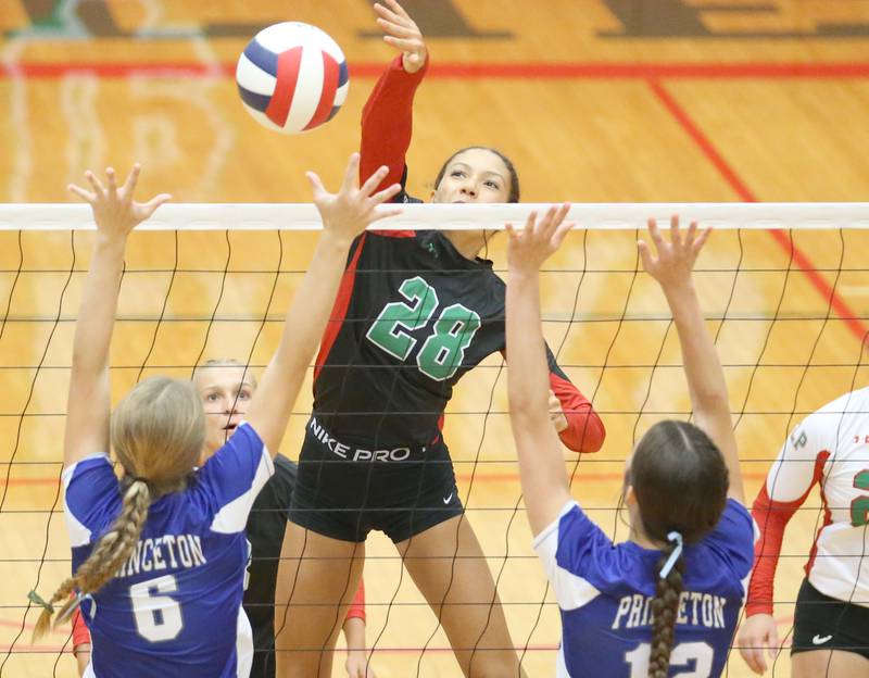 L-P's Ava Currie smacks a kill past Princeton's Caroline Kuetzer and Chrissy Sierens on Tuesday, Aug. 22, 2023 in Sellett Gymnasium.