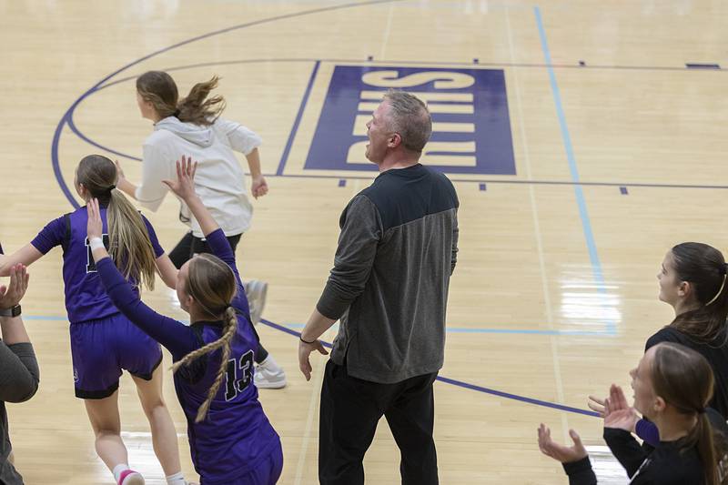 Dixon’s Luke Ravlin watches as time expires in the Duchesses win over Boylan Friday, Feb. 16, 2024 at the class 3A Rochelle girls basketball regional final.