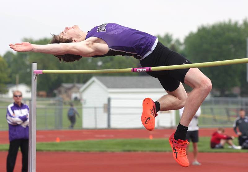 Dixon's Alec Fulton competes in the high jump Wednesday, May 18, 2022, at the Class 2A boys track sectional at Rochelle High School.