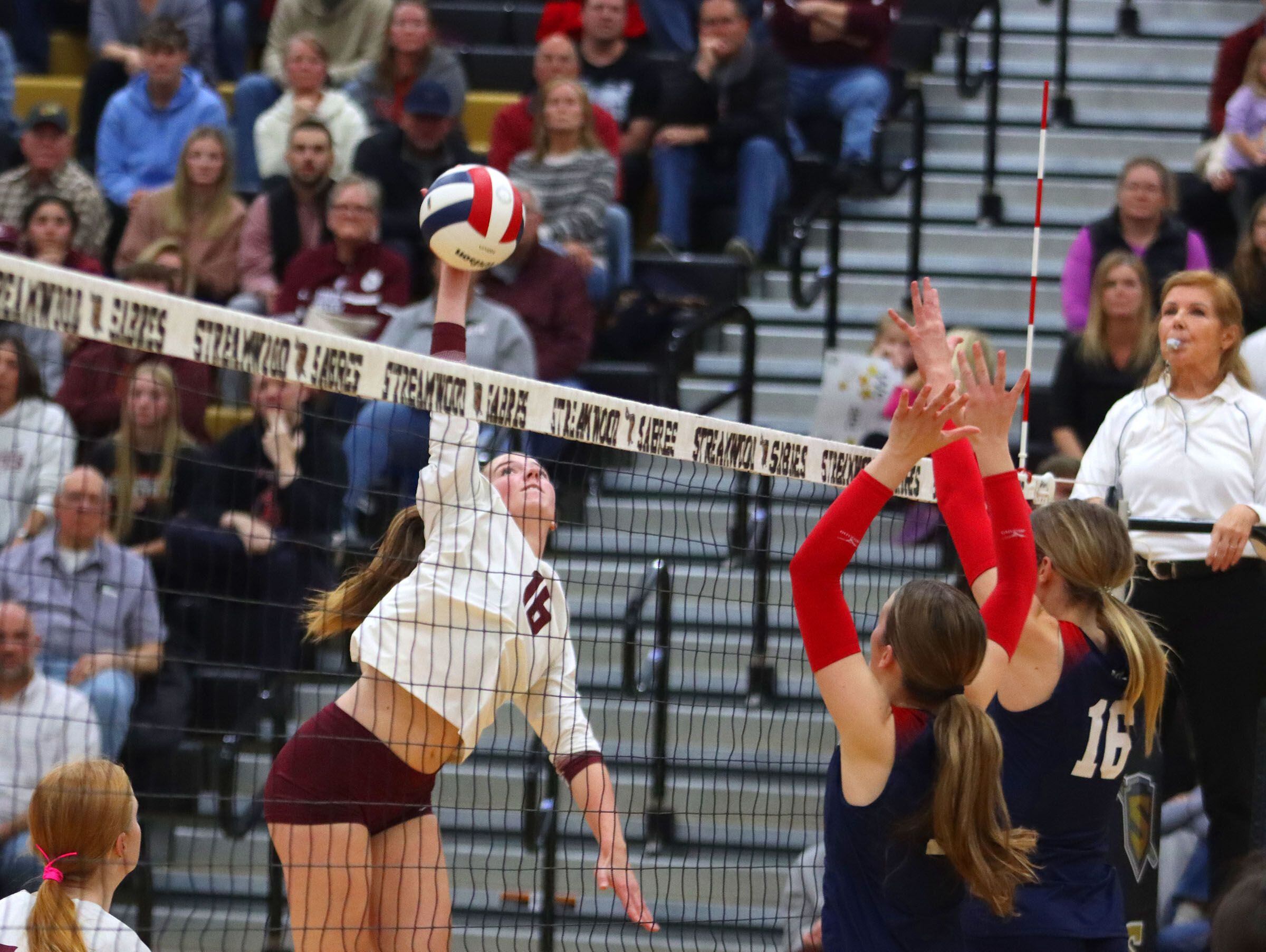 Prairie Ridge’s Addy Grider hits the ball against St. Viator in IHSA Class 3A Super-Sectional girls volleyball at Streamwood High School in Streamwood on Monday, November 10, 2025.