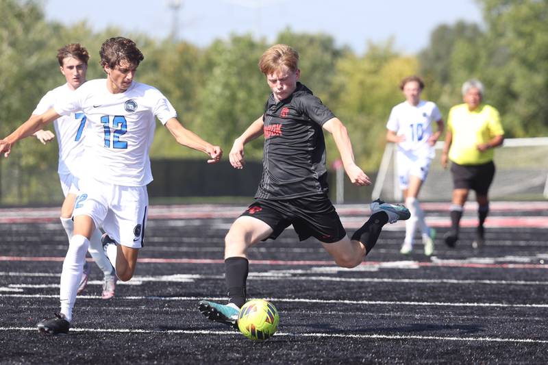 Bolingbrook’s Daniel Balas takes a shot against Lincoln-Way East on Saturday, Sept. 30, 2023 in Bolingbrook.