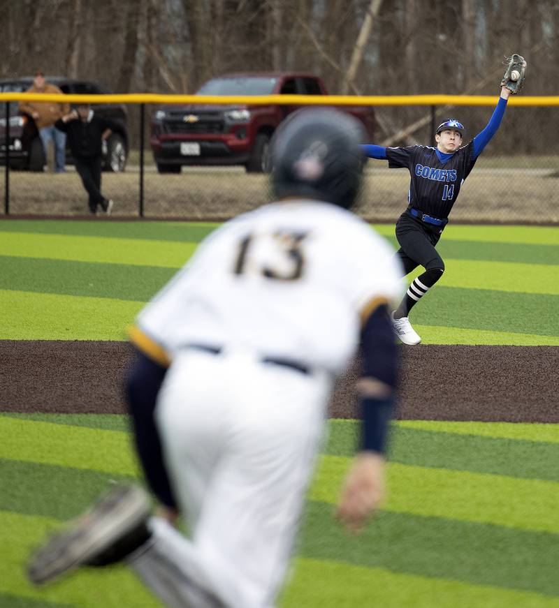 Newman’s Jameson Hanlon snags a liner at second base off the bat of Sterling’s Wyatt Cassens Tuesday, March 18, 2025.