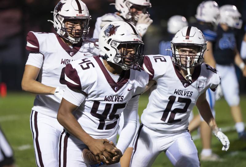Prairie Ridge's Aidan Rodriguez celebrates a turnover during their game against Burlington Central on Friday, September 19, 2025 at Burlington Central High School. Ryan Rayburn for Shaw Local