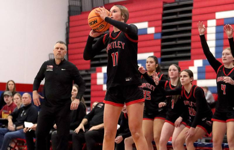 Huntley’s Anna Campanelli shoots against Maine South in Komaromy Holiday Classic varsity girls basketball championship game action on Monday, Dec. 30, 2024, at Dundee-Crown High School in Carpentersville.