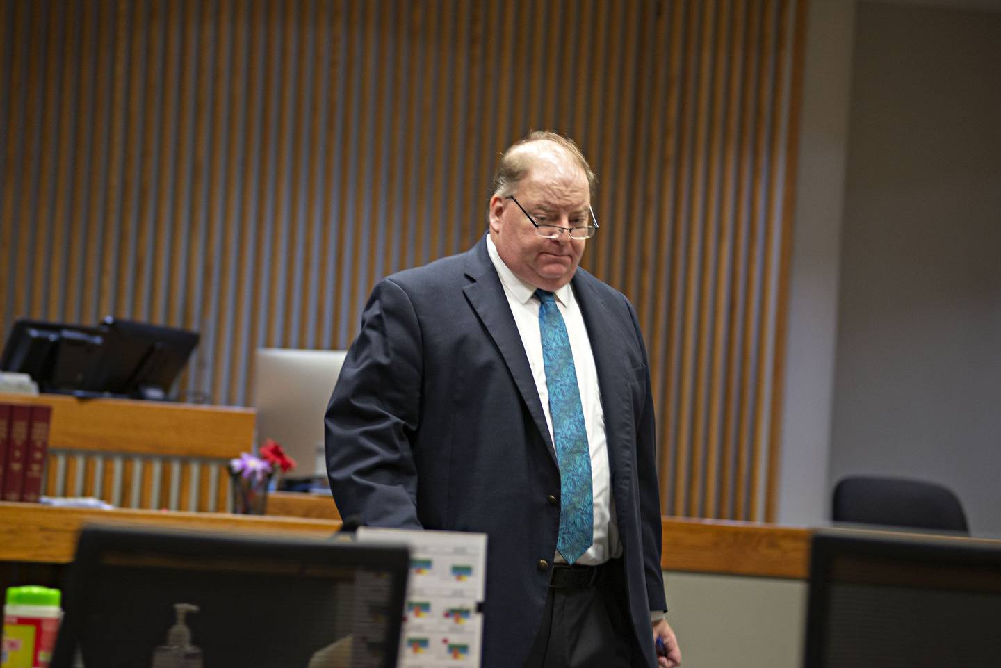 Prosecuting attorney Terry Costello works in the courtroom Thursday, Aug. 25, 2022 during the Seth Wallace trial.