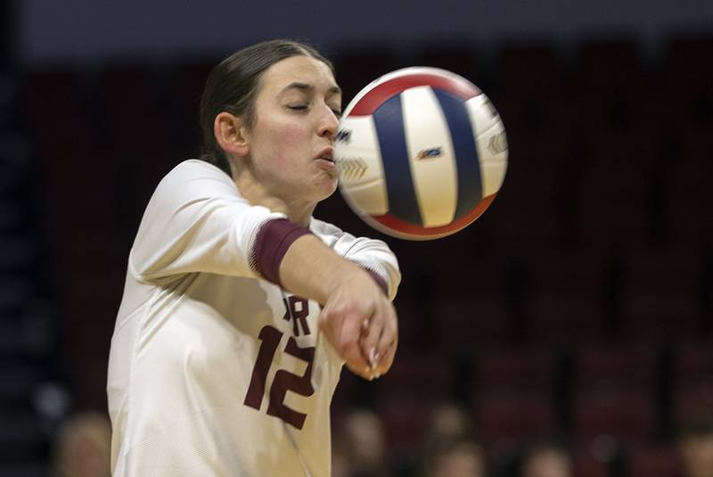 Prairie Ridge's Julia Reina makes a pass against DePaul College Prep Saturday, Nov. 16, 2024, in the Class 3A third place state volleyball match at CEFCU Arena in Normal.