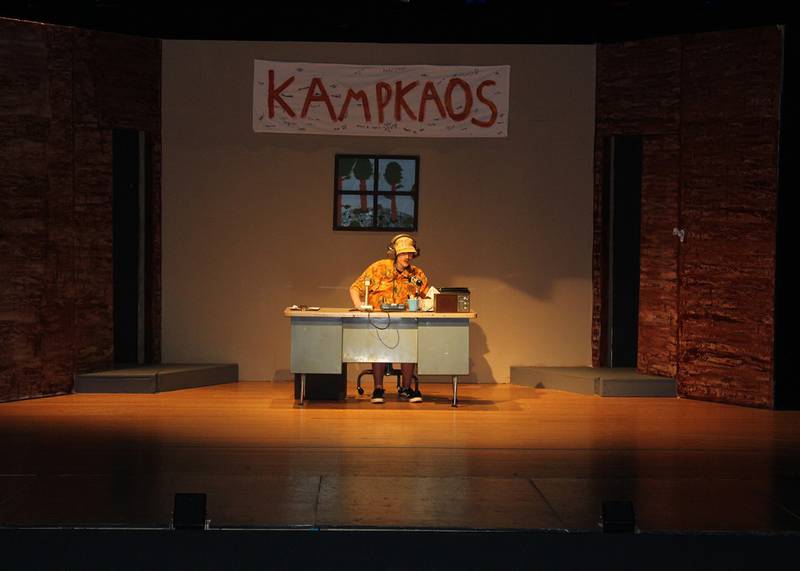 Wally, performed by Jesse Cooke, performs during rehearsal of "Kamp Kaos" at Engle Lane Theatre in Streator.