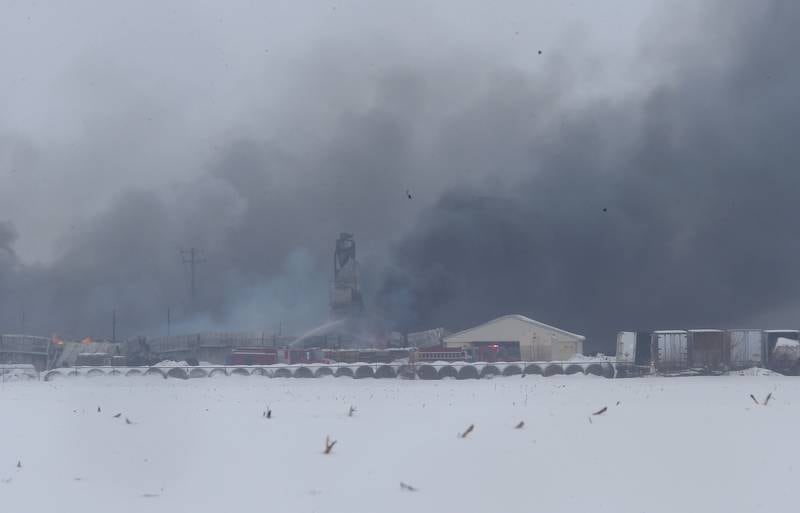Flames and smoke billow from LSC Environmental Products on Monday, Jan. 22, 2024 near Lostant. The company was the former Phoenix Paper Products. It is located between Tonica and Lostant off of Illinois 251.