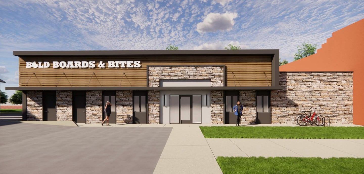 Artist's rendering of the proposed Bold Boards and Bites, a board game themed restaurant that would renovate and occupy the building at 21 N River St. in Batavia.