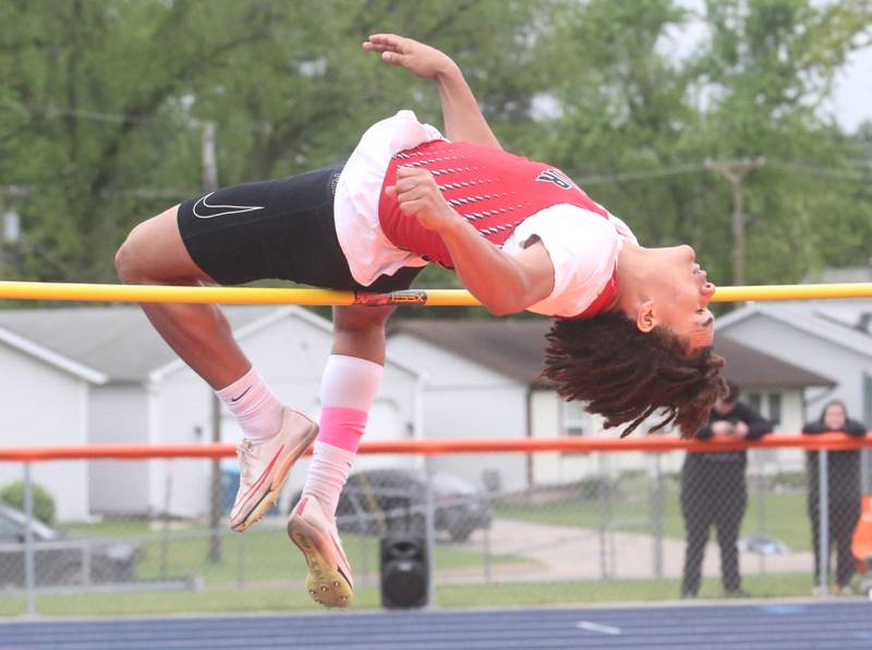 Streator's Riley Stevens competes in the high jump during the Class 2A Sectional meet on Wednesday, May 21, 2025 at Pontiac High School.