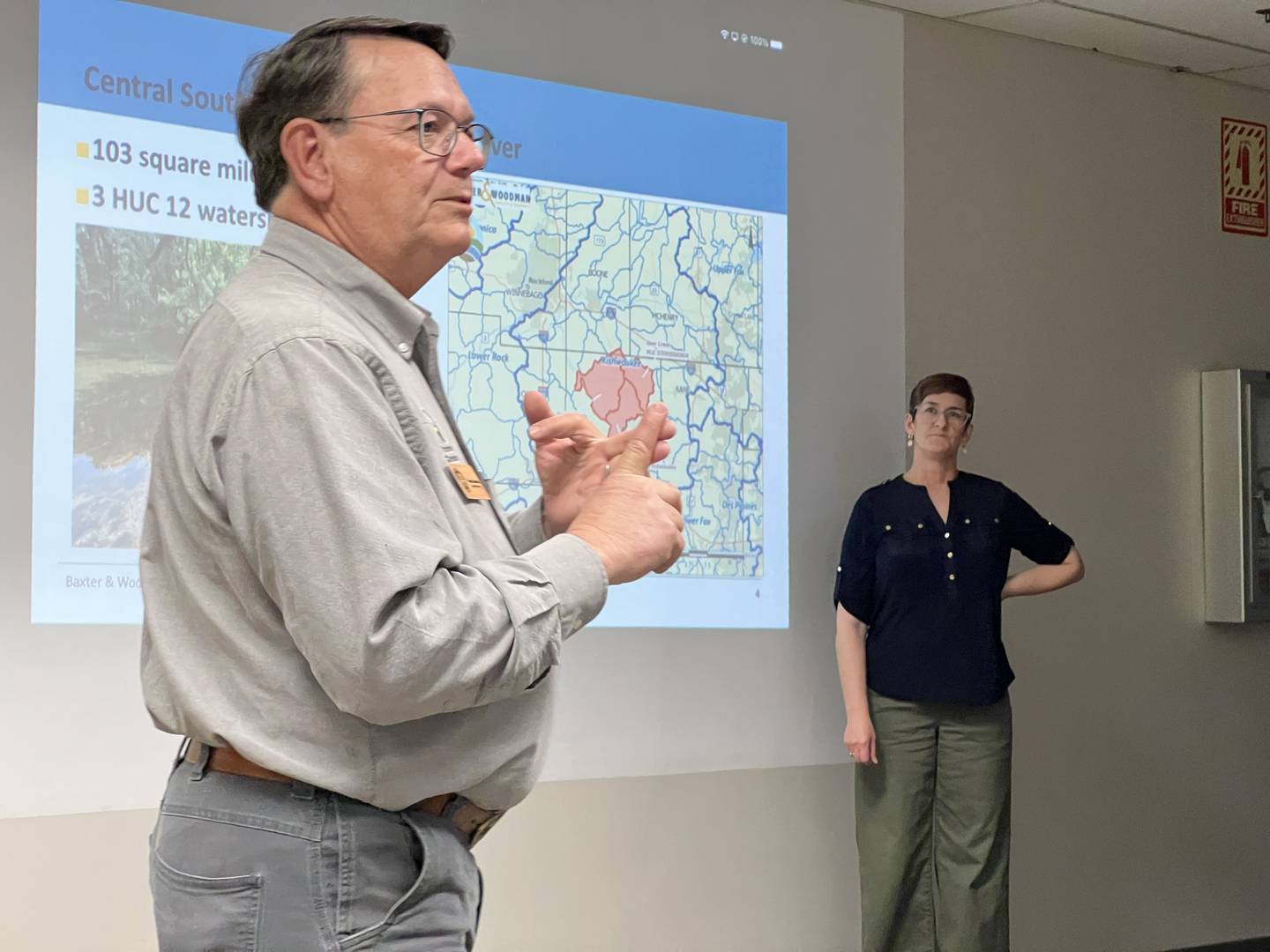 Dean Thompson, the executive director of DeKalb County Soil and Water Conservation District and DeKalb County watershed coordinator, and Cecily Cunz, with Baxter & Woodman Consulting Engineers, hosted a workshop regarding the creation of a plan for the Central South Branch Kishwaukee River watershed on April 18, 2024, in Genoa.