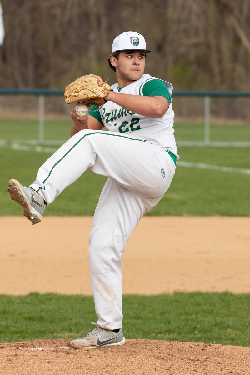 Alan Spencer (22) of St. Bede pitches on Thursday, April 10, 2025 at St. Bede High School in Peru.
