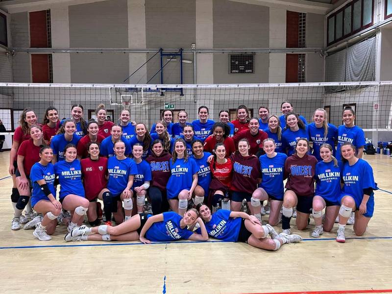 Henry-Senachwine graduate Hope Self and her Millikin University volleyball teammates pose for a photo with their opponent after a match in Florence, Italy.