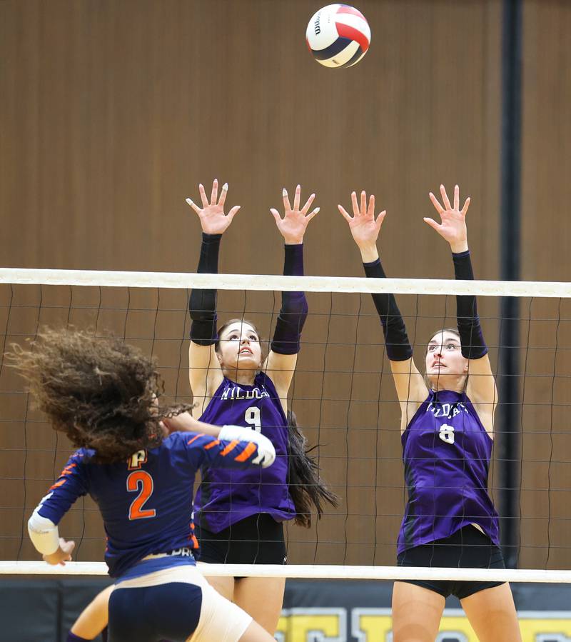 Wilmington's Kate Grosso, center, and Makenzie Rodriguez, right, jump to block during the Wildcats' loss in three sets, 25-16, 22-25, 17-25, to Pontiac in the IHSA Class 2A Herscher Regional championship on Thursday, Oct. 30, 2025.
