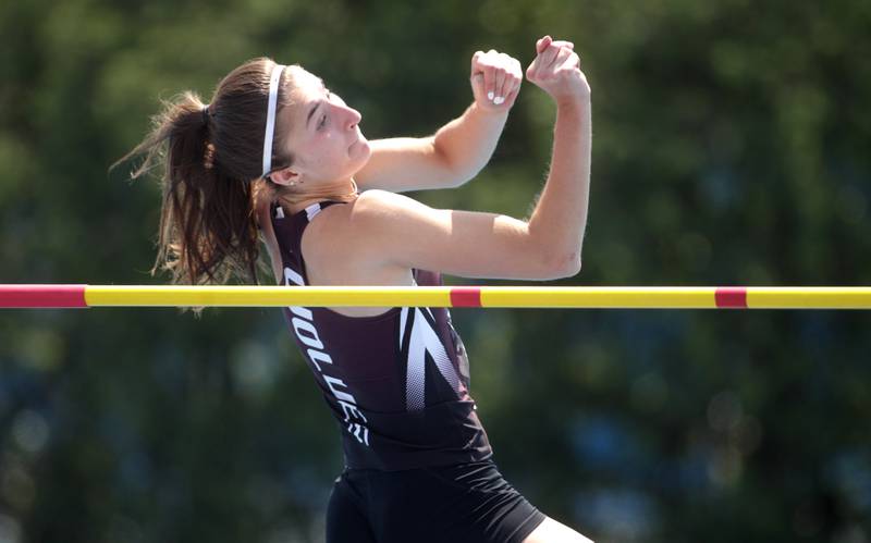 Prairie Ridge’s Rylee Lydon competes in the 3A high jump competition during the IHSA State Track and Field Finals at Eastern Illinois University in Charleston on Saturday, May 20, 2023.