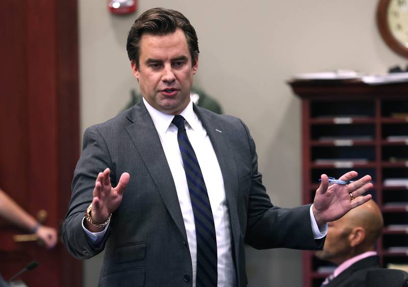 John Kopp, attorney for Nathan P. Sweeney gives his condolences to the family and friends of Christina Musil Tuesday, Aug. 26, 2025, during the sentencing hearing for his client at the DeKalb County Courthouse in Sycamore. Sweeney received 14 years in prison for driving under the influence and causing the 2024 crash that killed sheriff’s deputy, veteran and mother Christina Musil.