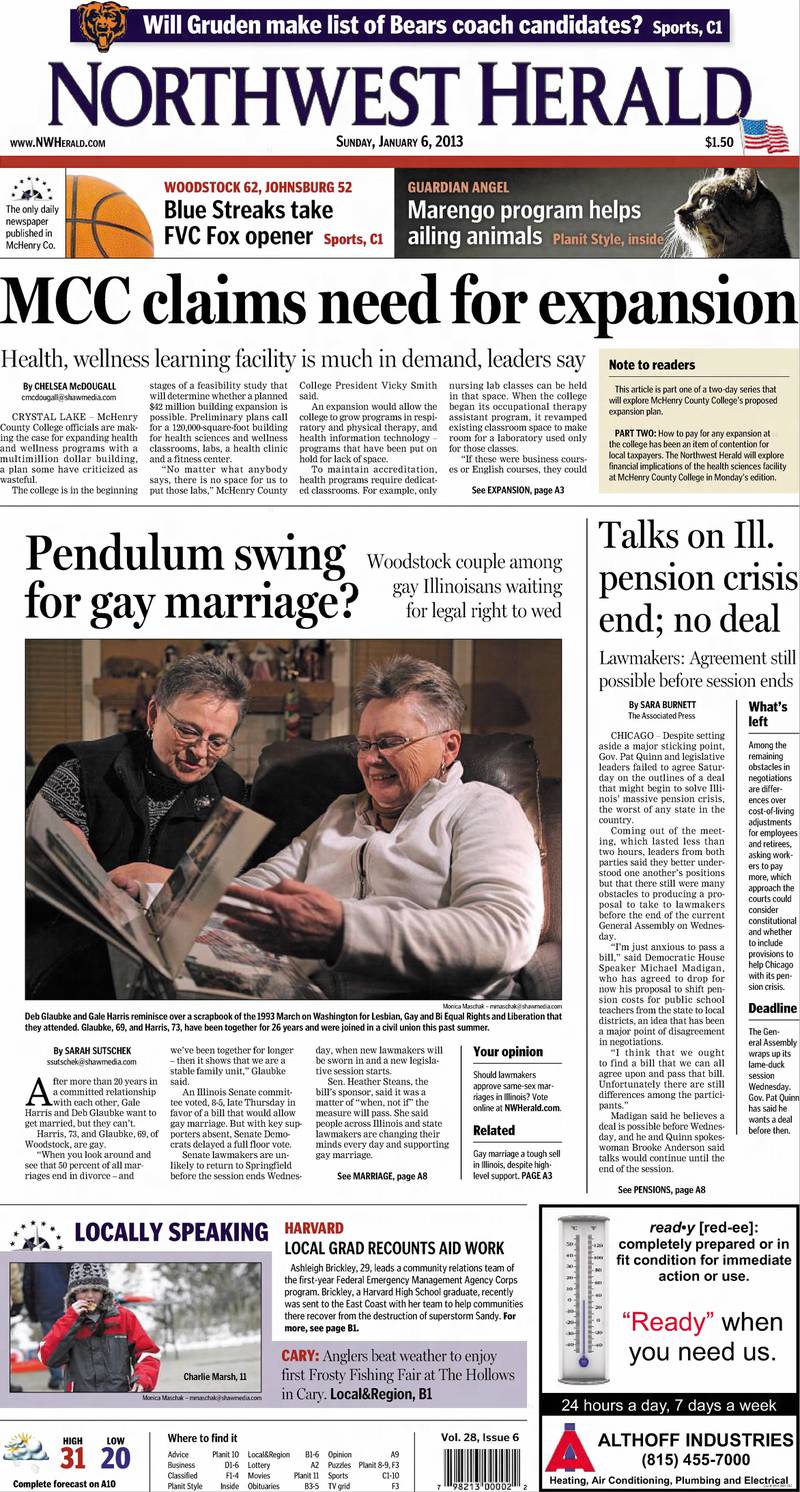 The Northwest Herald front page for January 6, 2013