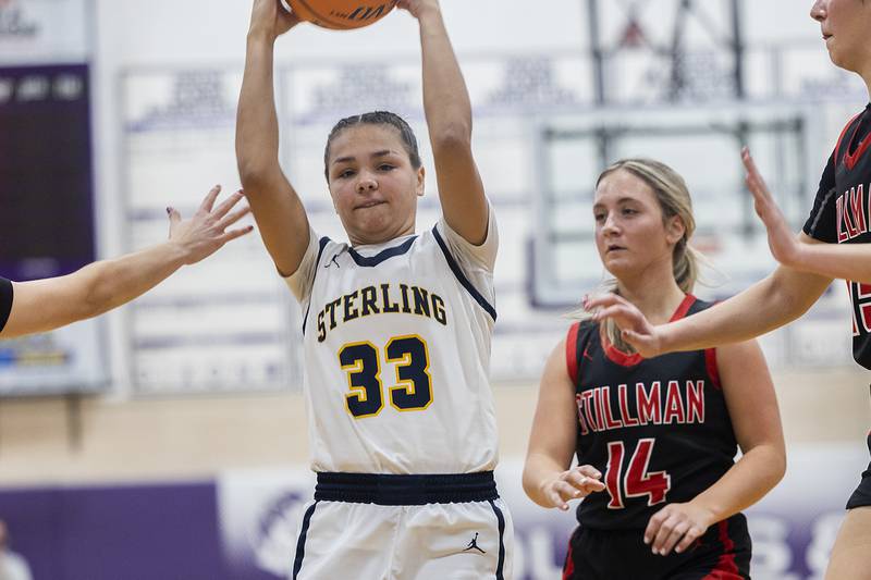 Sterling’s Joslynn James works in the paint against Stillman Valley Friday, Dec. 27, 2024, during the Dixon Girls KSB Holiday Basketball Classic.