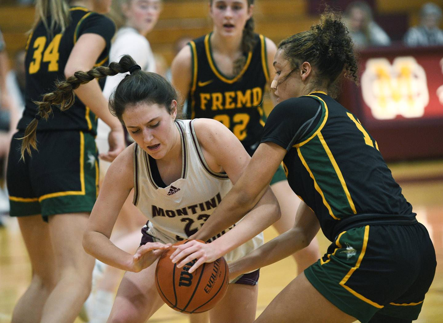 Montini’s Shea Carver and Fremd’s Kace Urlacher battle for the ball in a girls basketball game in Lombard on Monday, January 23, 2023.